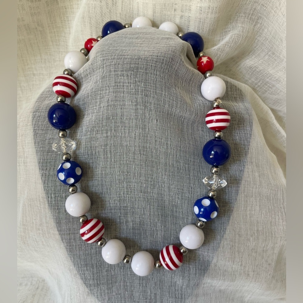 Patriotic Red, White, and Blue Beaded Elastic Necklace